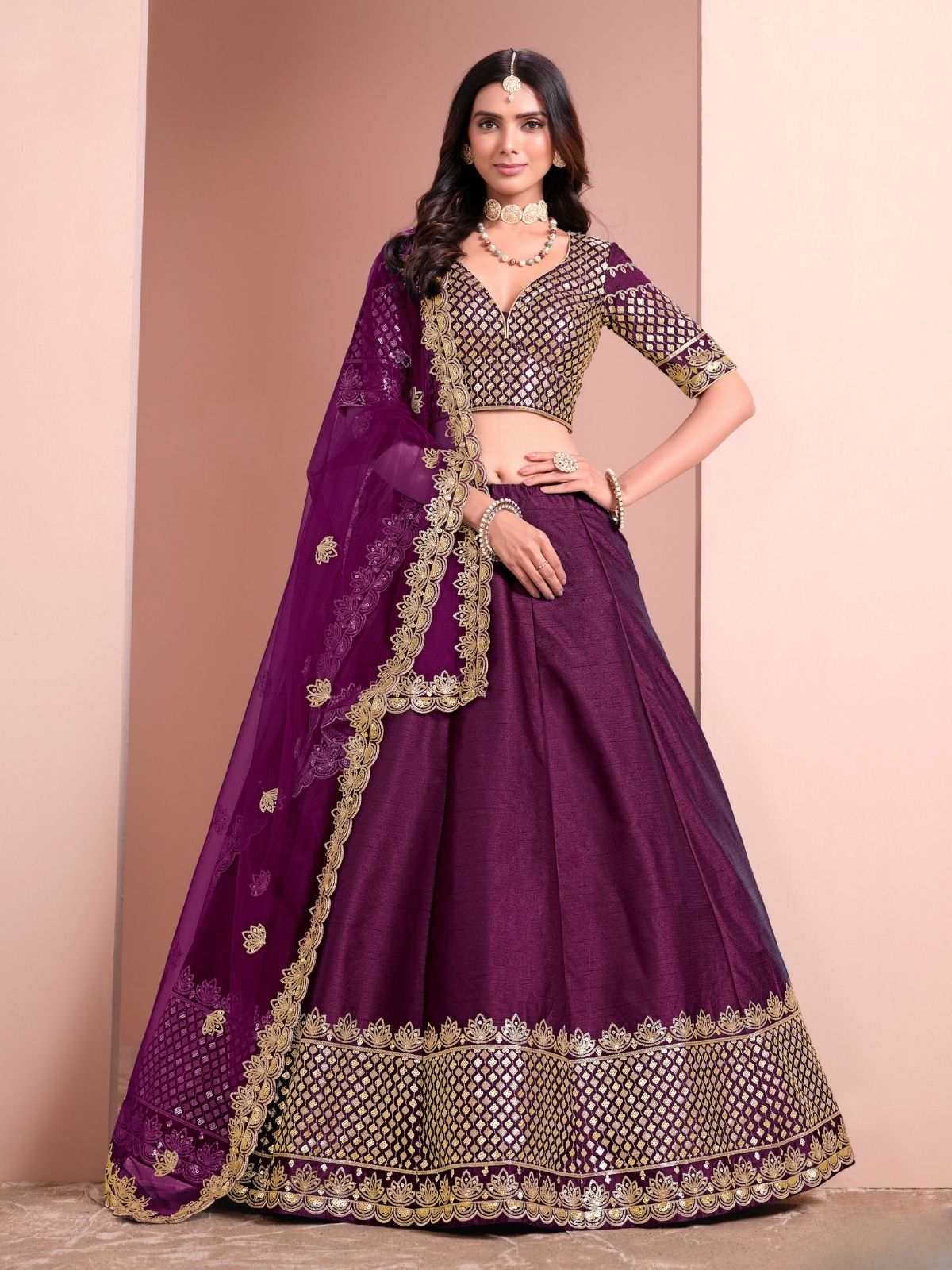 Odette Purple Art Silk Embellished Semi-Stitched lehenga For Women