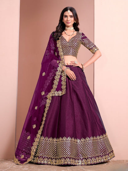 Odette Purple Art Silk Embellished Semi-Stitched lehenga For Women