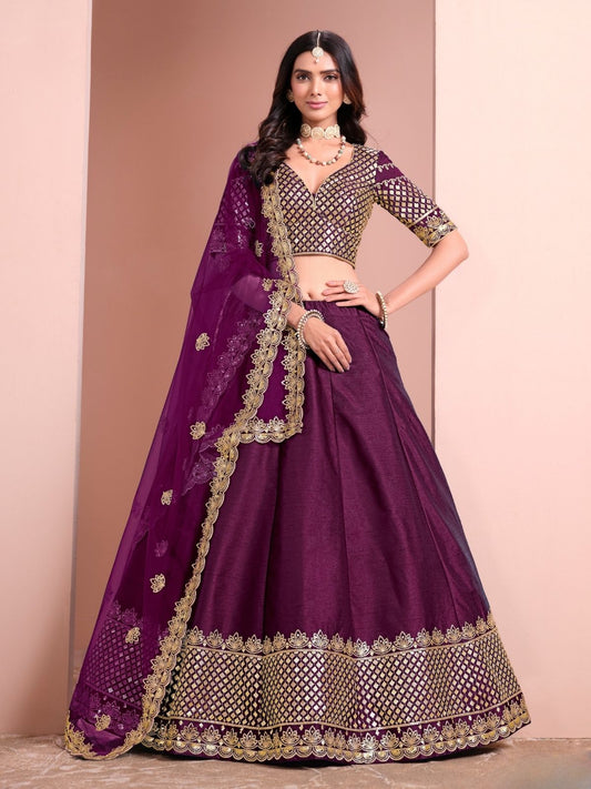 Odette Purple Art Silk Embellished Semi-Stitched lehenga For Women