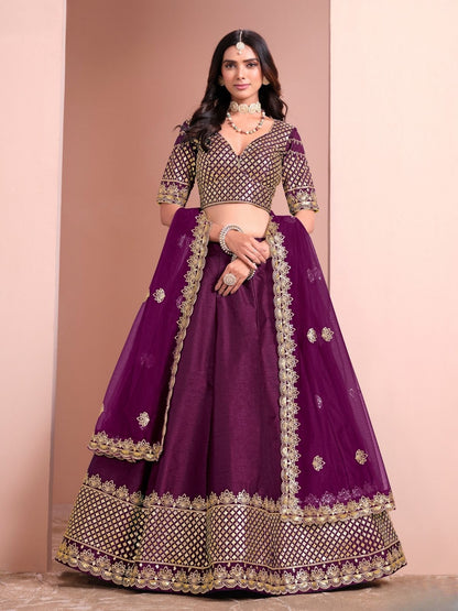 Odette Purple Art Silk Embellished Semi-Stitched lehenga For Women