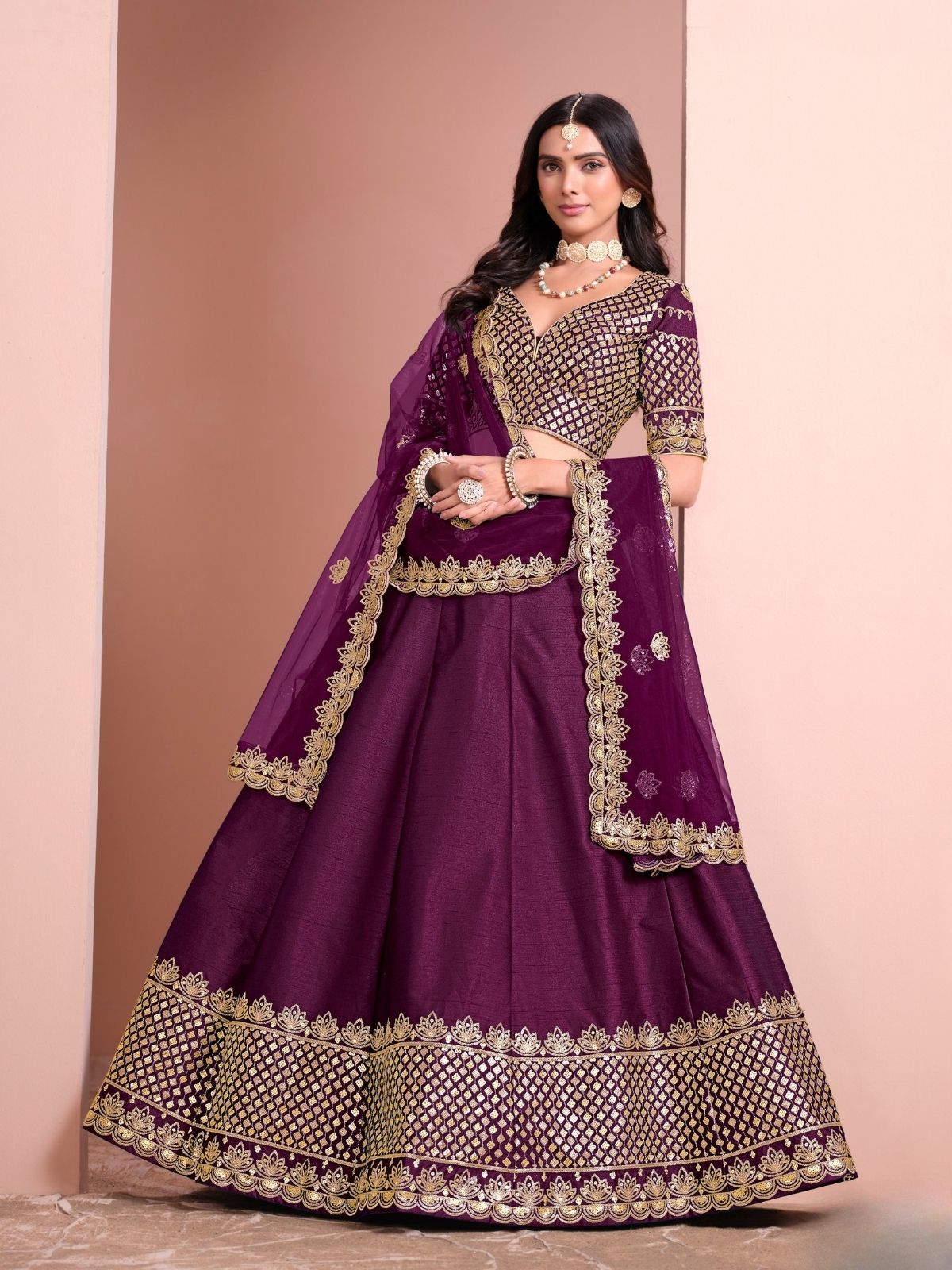 Odette Purple Art Silk Embellished Semi-Stitched lehenga For Women