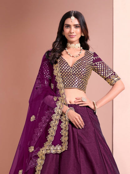 Odette Purple Art Silk Embellished Semi-Stitched lehenga For Women