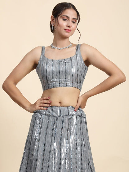 Odette Grey Georgette Embellished Semi-Stitched Lehenga For Women