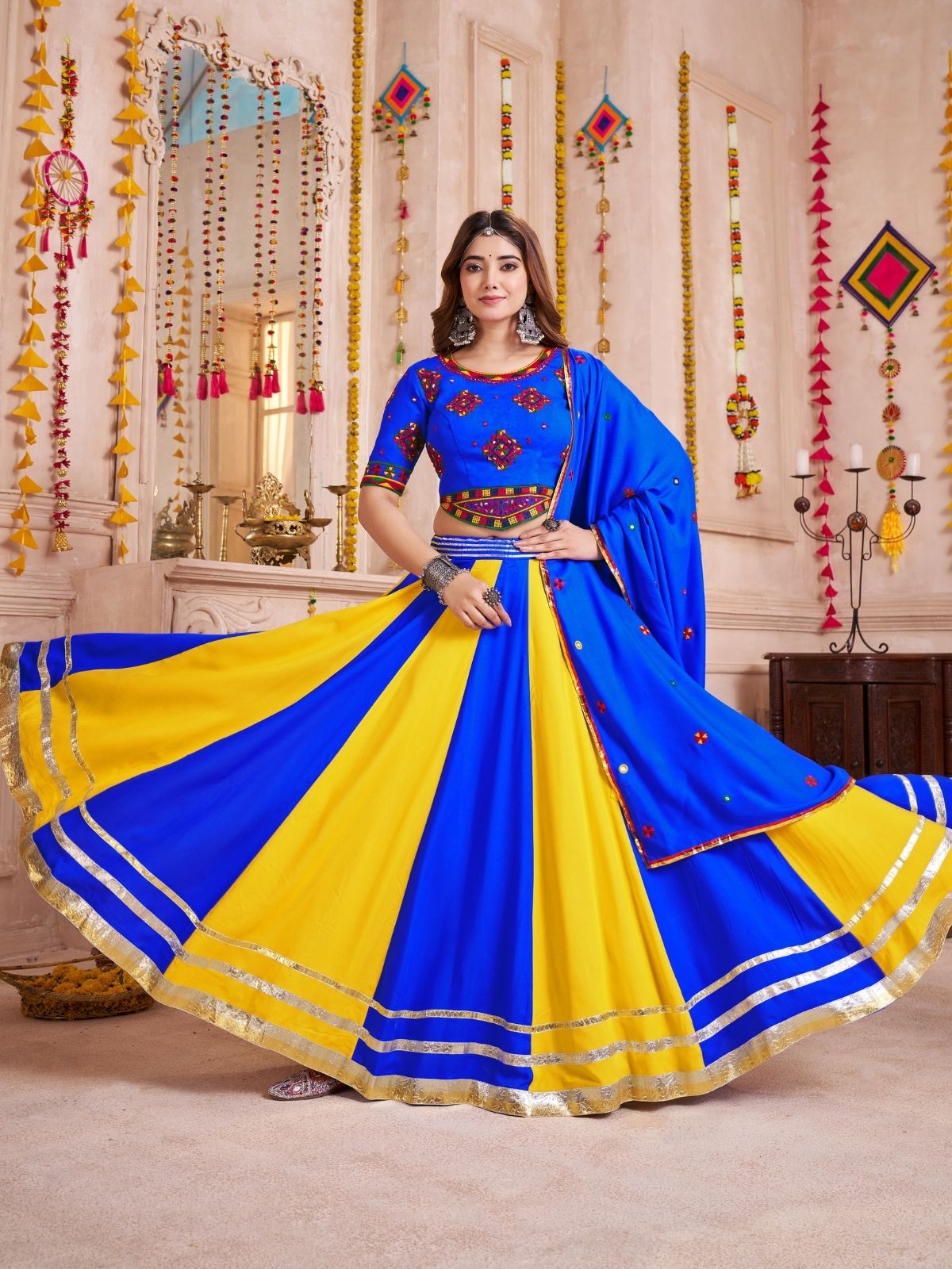 Odette Blue Cotton Blend Solid With Golden Border Semi-Stitched Lehenga For Women