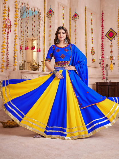 Odette Blue Cotton Blend Solid With Golden Border Semi-Stitched Lehenga For Women