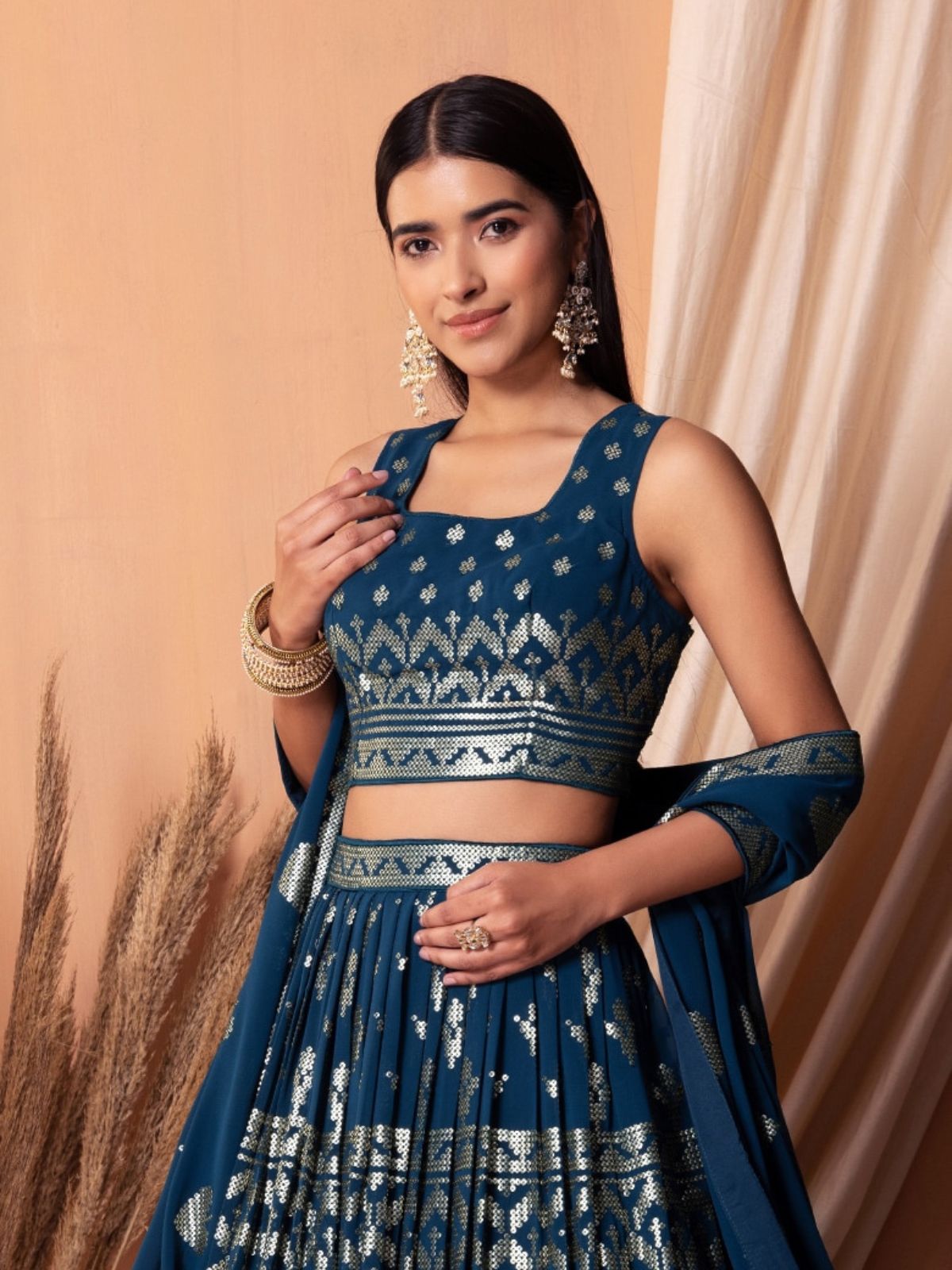 Odette Blue Georgette Embellished Semi-Stitched Lehenga For Women