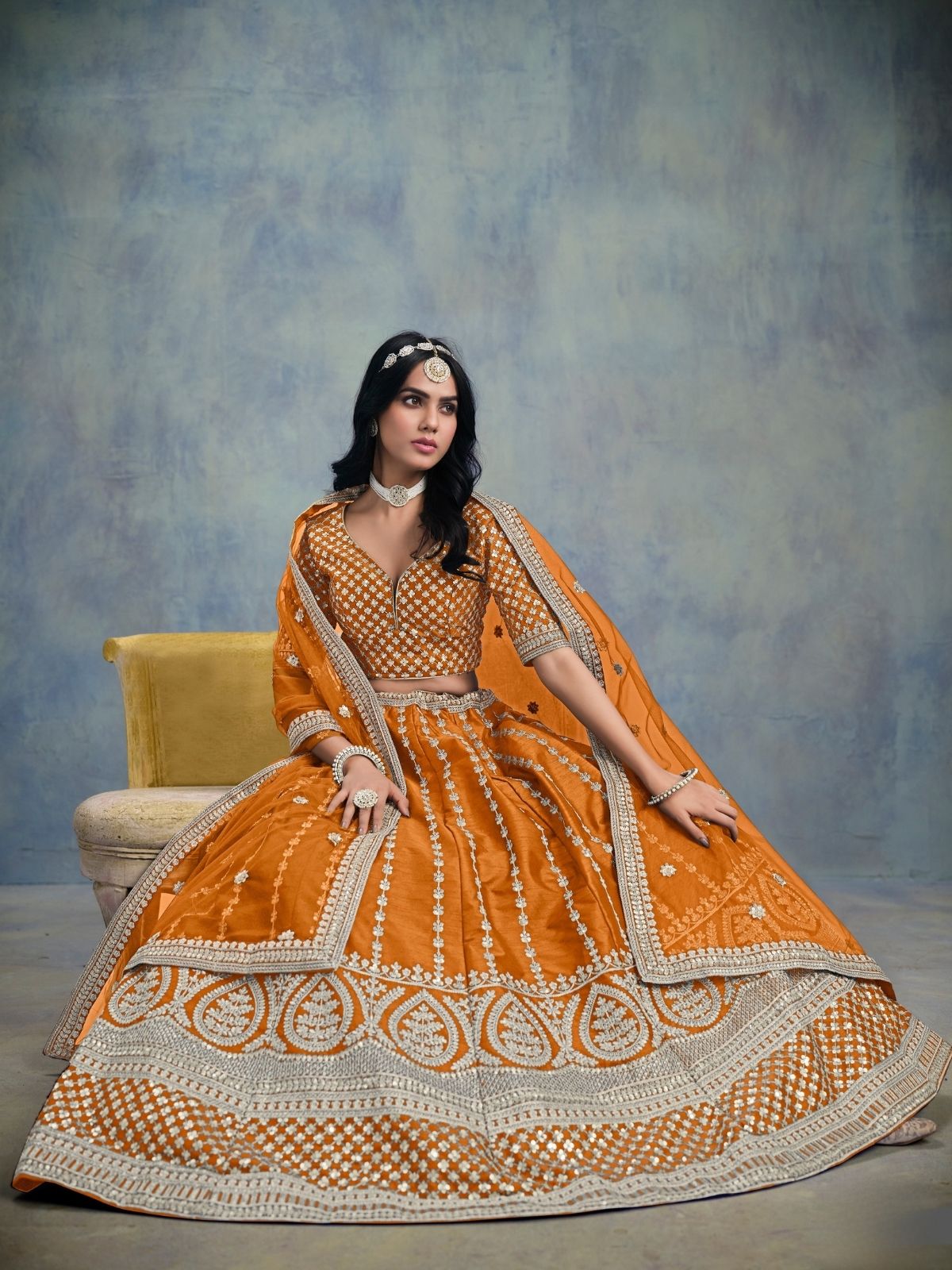 Odette Orange Art Silk Embellished Semi-Stitched lehenga For Women