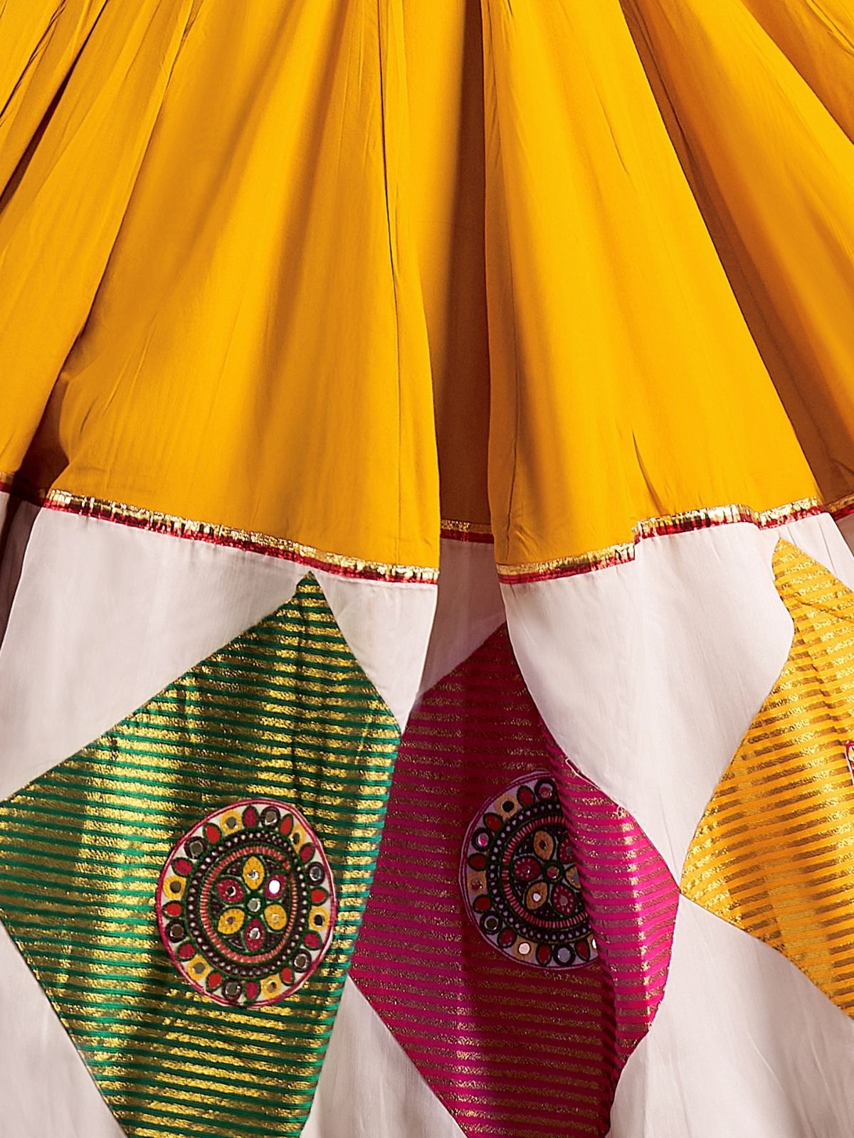 Odette Multicolor Viscose Cotton Embroidered Semi-Stitched lehenga With Patch Work And Stunning Tassels For Women