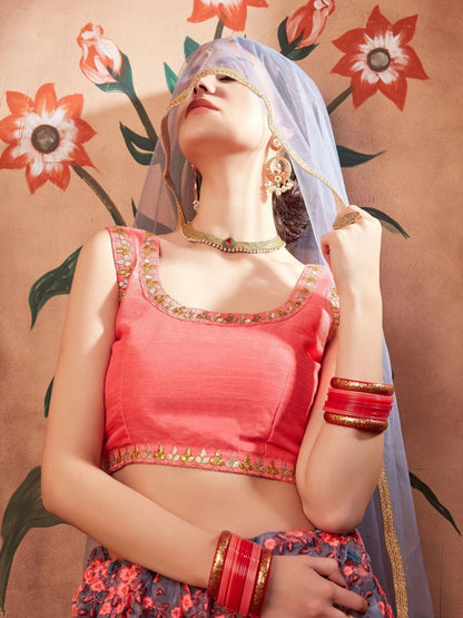 Odette Grey Net Embroidered Semi-Stitched lehenga For Women