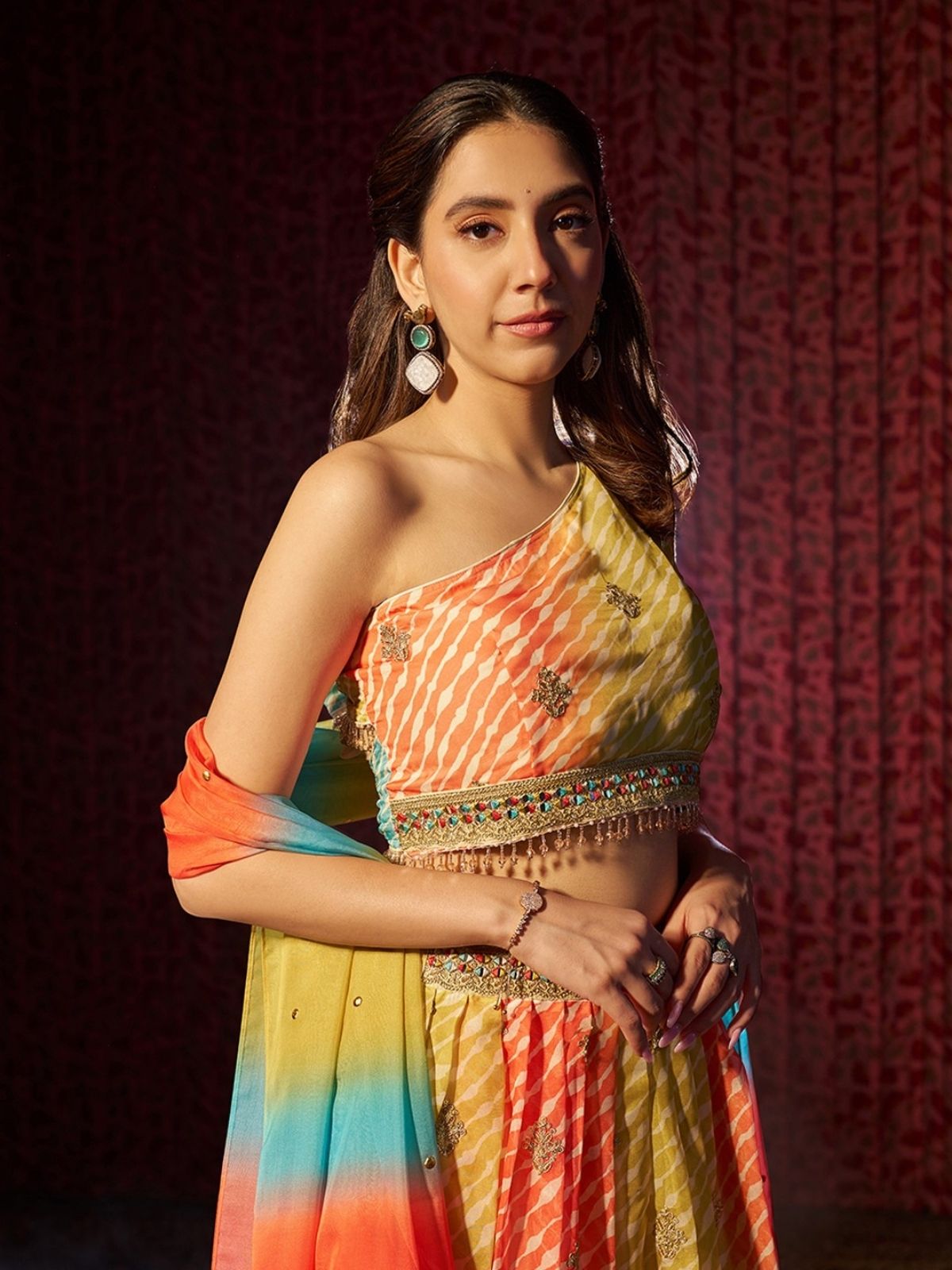 Odette Multicolor Organza Embroidered Semi-Stitched Lehenga For Women