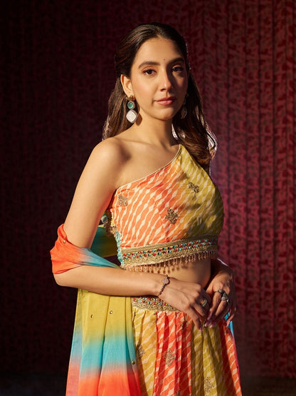 Odette Multicolor Organza Embroidered Semi-Stitched Lehenga For Women