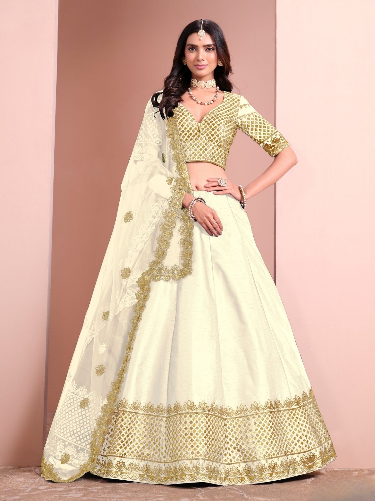 Odette Cream Art Silk Embellished Semi-Stitched lehenga For Women