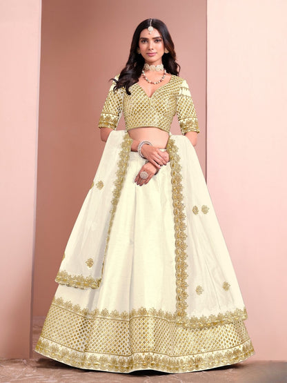 Odette Cream Art Silk Embellished Semi-Stitched lehenga For Women