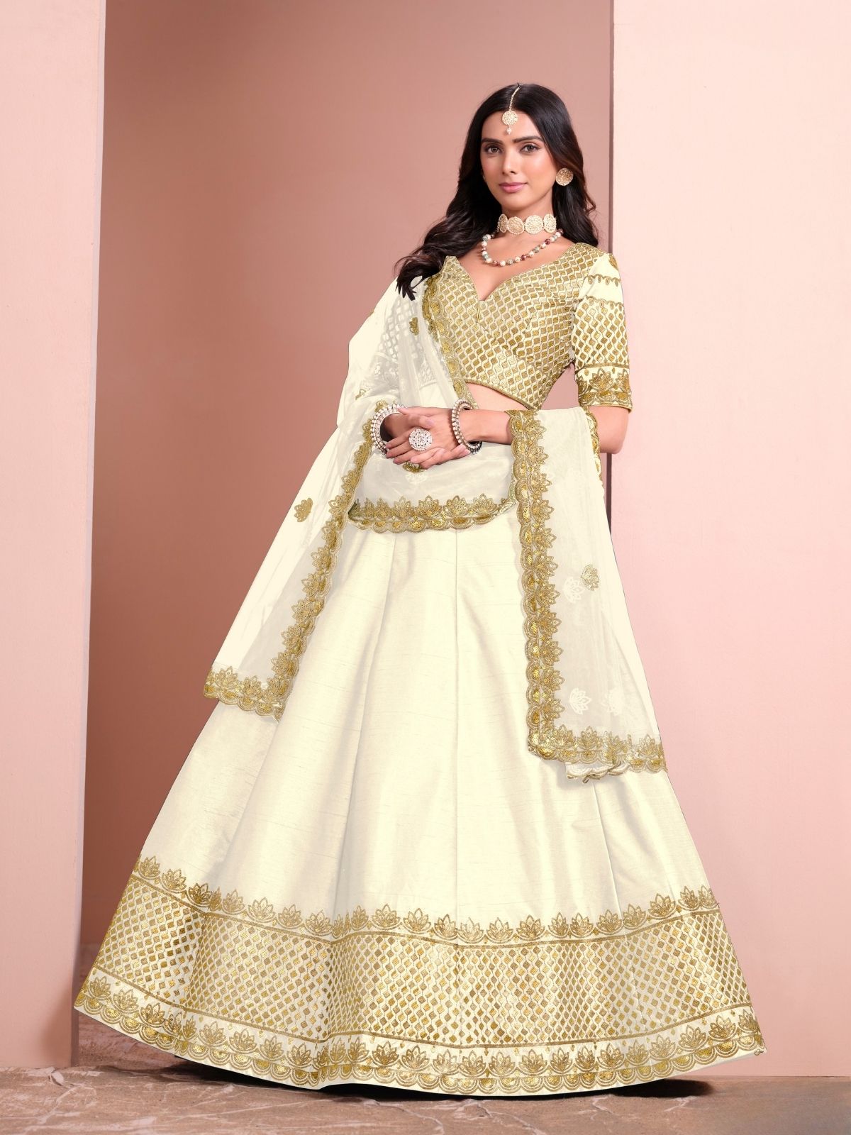 Odette Cream Art Silk Embellished Semi-Stitched lehenga For Women