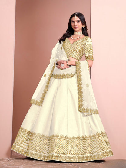 Odette Cream Art Silk Embellished Semi-Stitched lehenga For Women