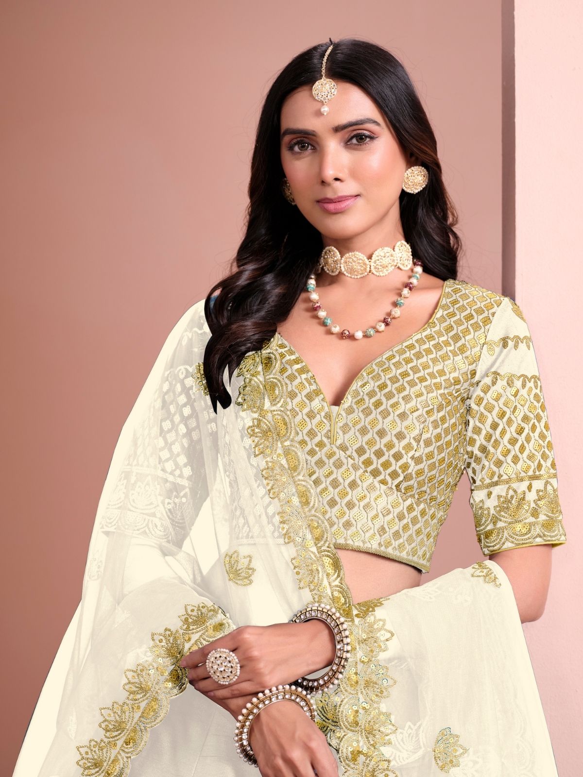 Odette Cream Art Silk Embellished Semi-Stitched lehenga For Women