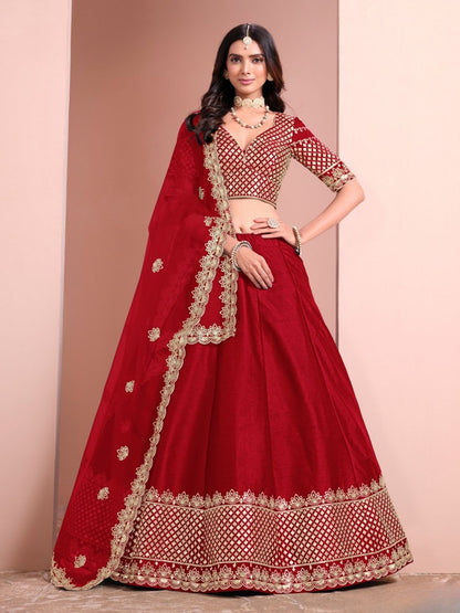 Odette Red Art Silk Embellished Semi-Stitched lehenga For Women