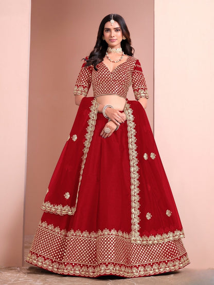 Odette Red Art Silk Embellished Semi-Stitched lehenga For Women