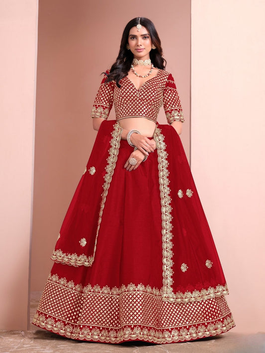 Odette Red Art Silk Embellished Semi-Stitched lehenga For Women