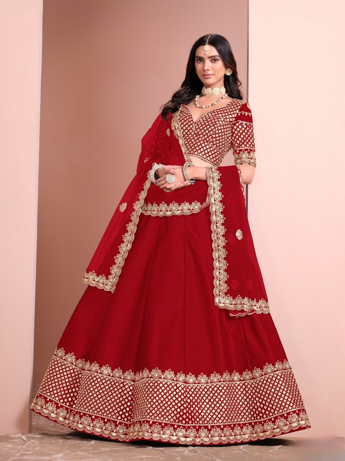 Odette Red Art Silk Embellished Semi-Stitched lehenga For Women