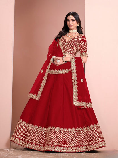 Odette Red Art Silk Embellished Semi-Stitched lehenga For Women