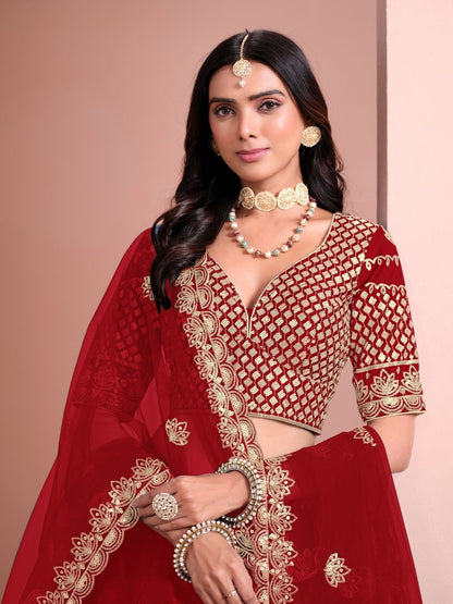 Odette Red Art Silk Embellished Semi-Stitched lehenga For Women