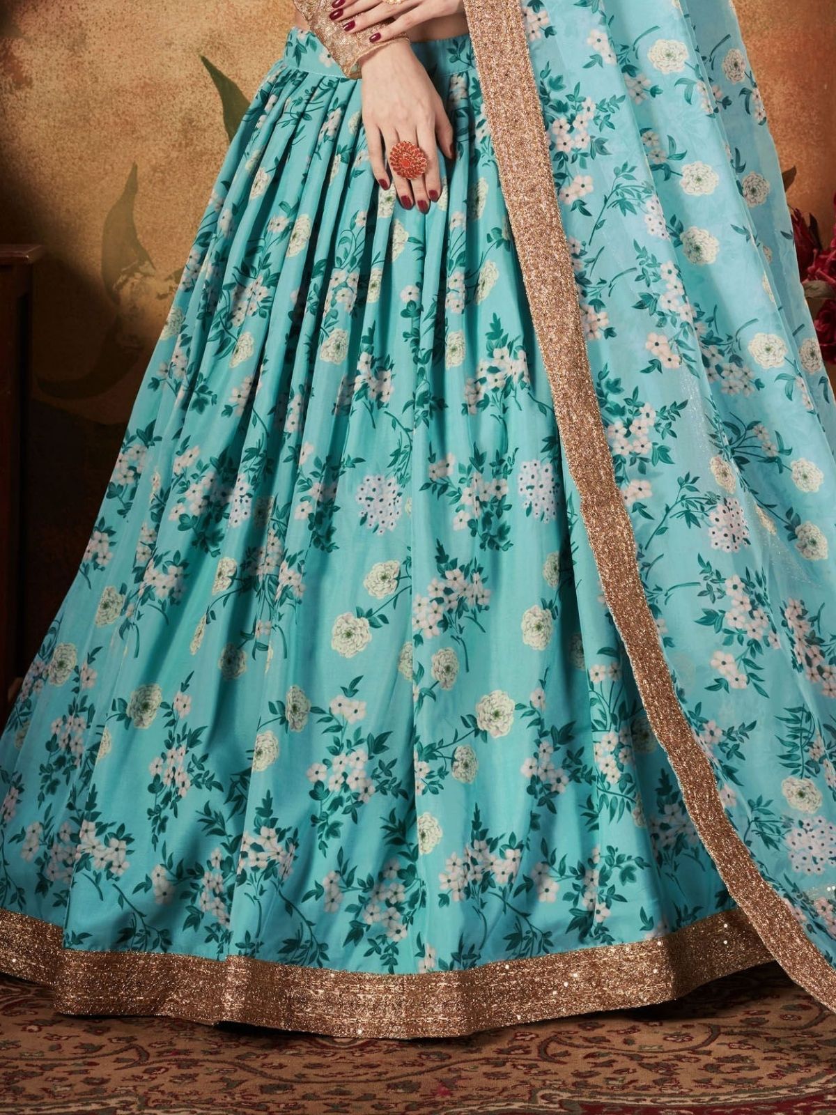 Odette Sky Blue Organza Printed Semi-Stitched lehenga For Women