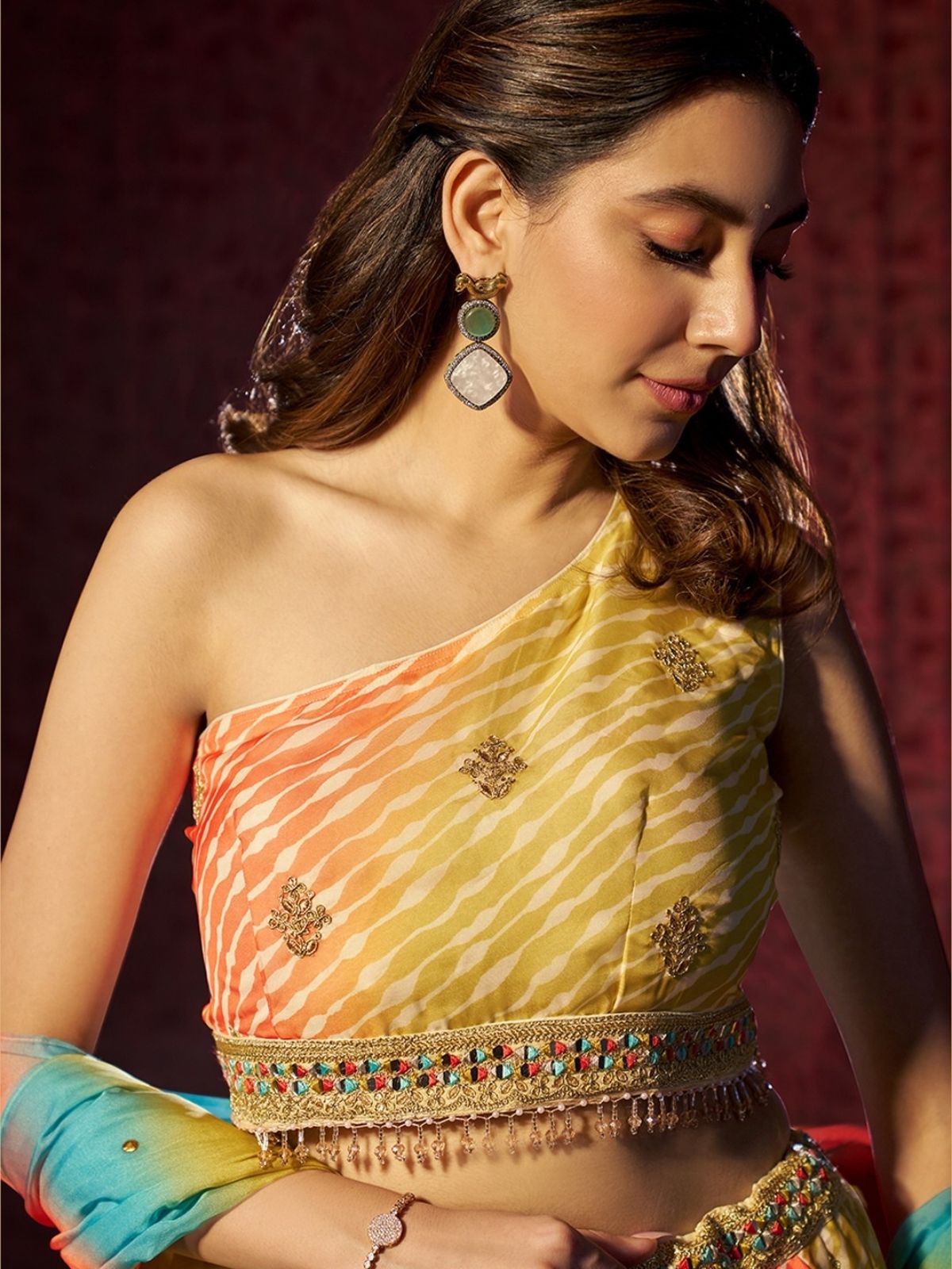 Odette Multicolor Organza Embroidered Semi-Stitched Lehenga For Women