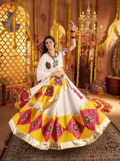 Odette Multicolor Viscose Cotton Embroidered Semi-Stitched lehenga With Patch Work And Stunning Tassels For Women