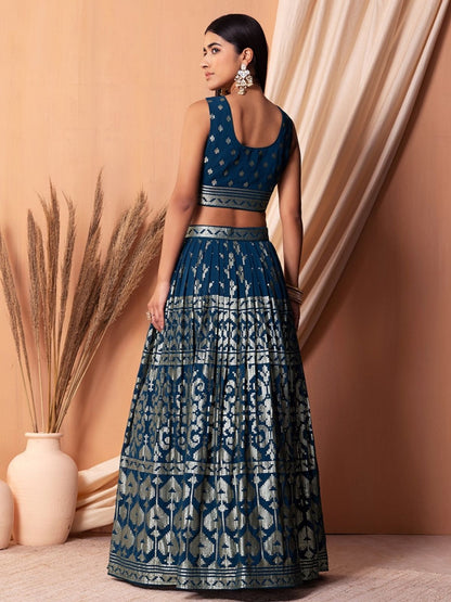 Odette Blue Georgette Embellished Semi-Stitched Lehenga For Women