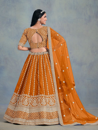 Odette Orange Art Silk Embellished Semi-Stitched lehenga For Women