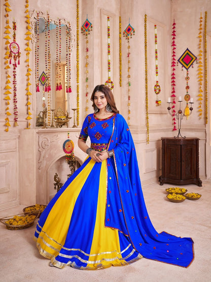 Odette Blue Cotton Blend Solid With Golden Border Semi-Stitched Lehenga For Women