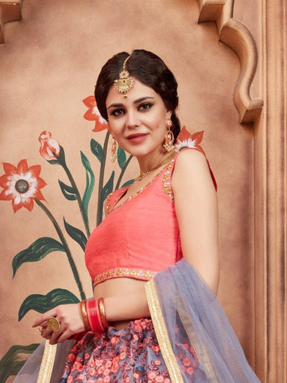 Odette Grey Net Embroidered Semi-Stitched lehenga For Women