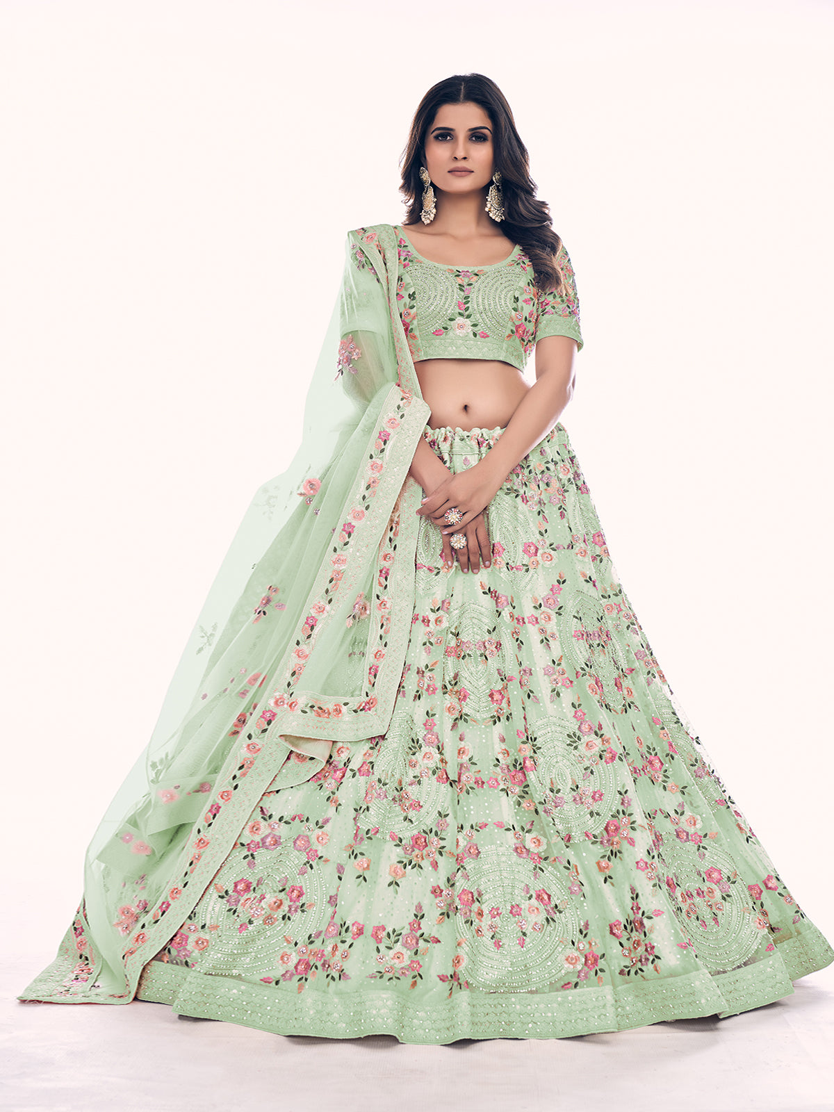 Odette Olive Embroidered Soft Net Semi Stitched Lehenga With Blouse For Women