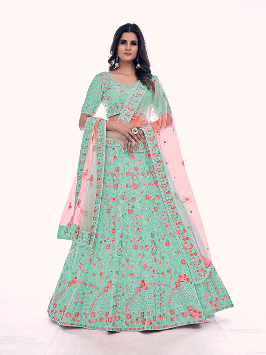 Odette Sea Green Embroidered Soft Net Semi Stitched Lehenga With Blouse For Women