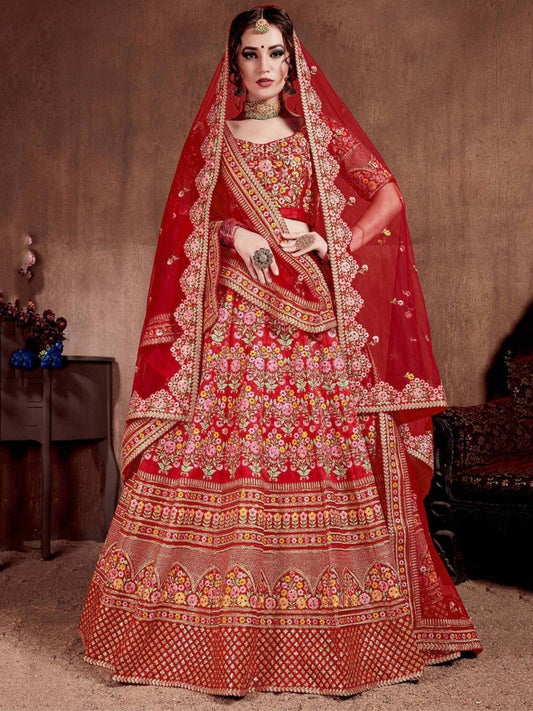 Odette Red Art Silk Embroidered Semi-Stitched lehenga For Women