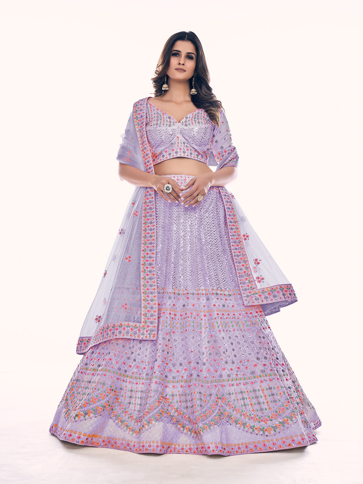 Odette Lavender Embroidered Soft Net Semi Stitched Lehenga With Blouse For Women