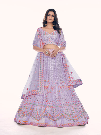Odette Lavender Embroidered Soft Net Semi Stitched Lehenga With Blouse For Women