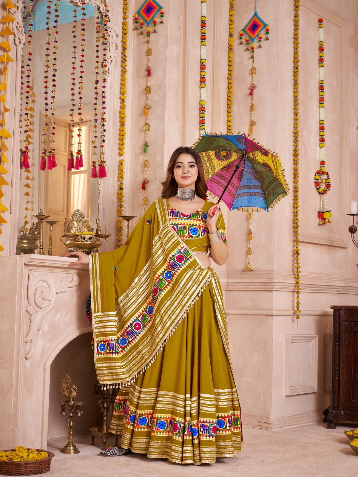 Odette Green Viscose Cotton Embroidered Semi-Stitched Lehenga Choli For Women