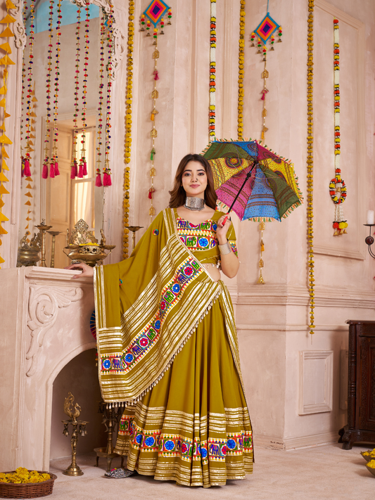 Odette Green Viscose Cotton Embroidered Semi-Stitched Lehenga Choli For Women