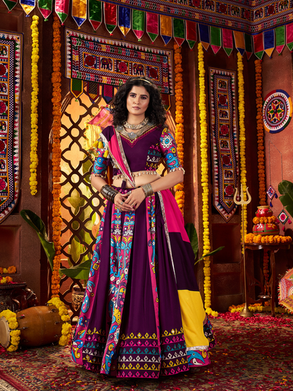 Odette Purple Viscose Cotton Printed Semi-Stitched Lehenga For Women
