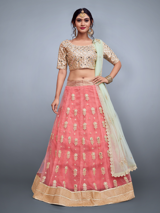 Odette Women Pink Embroidered Art Silk Semi Stitched Lehenga With Unstitched Blouse