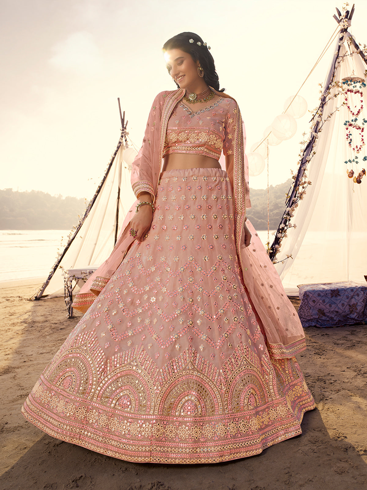 Odette Peach Embroidered Organza Semi Stitched Lehenga With Blouse For Women