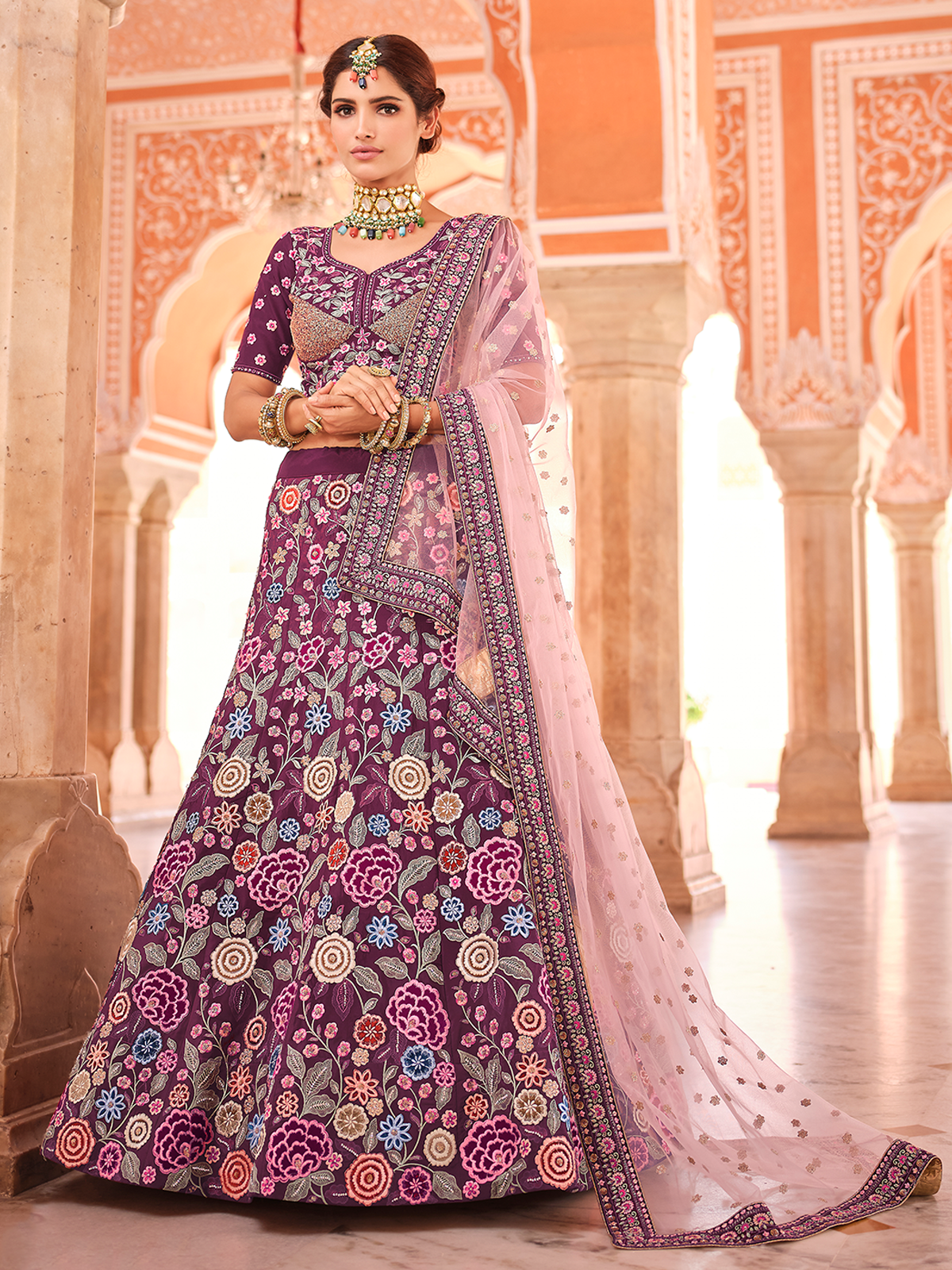 Odette Women Purple Crepe Semi Stitched Lehenga With Unstitched Blouse