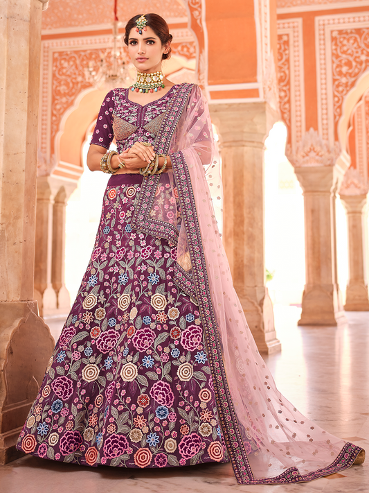 Odette Women Purple Crepe Semi Stitched Lehenga With Unstitched Blouse