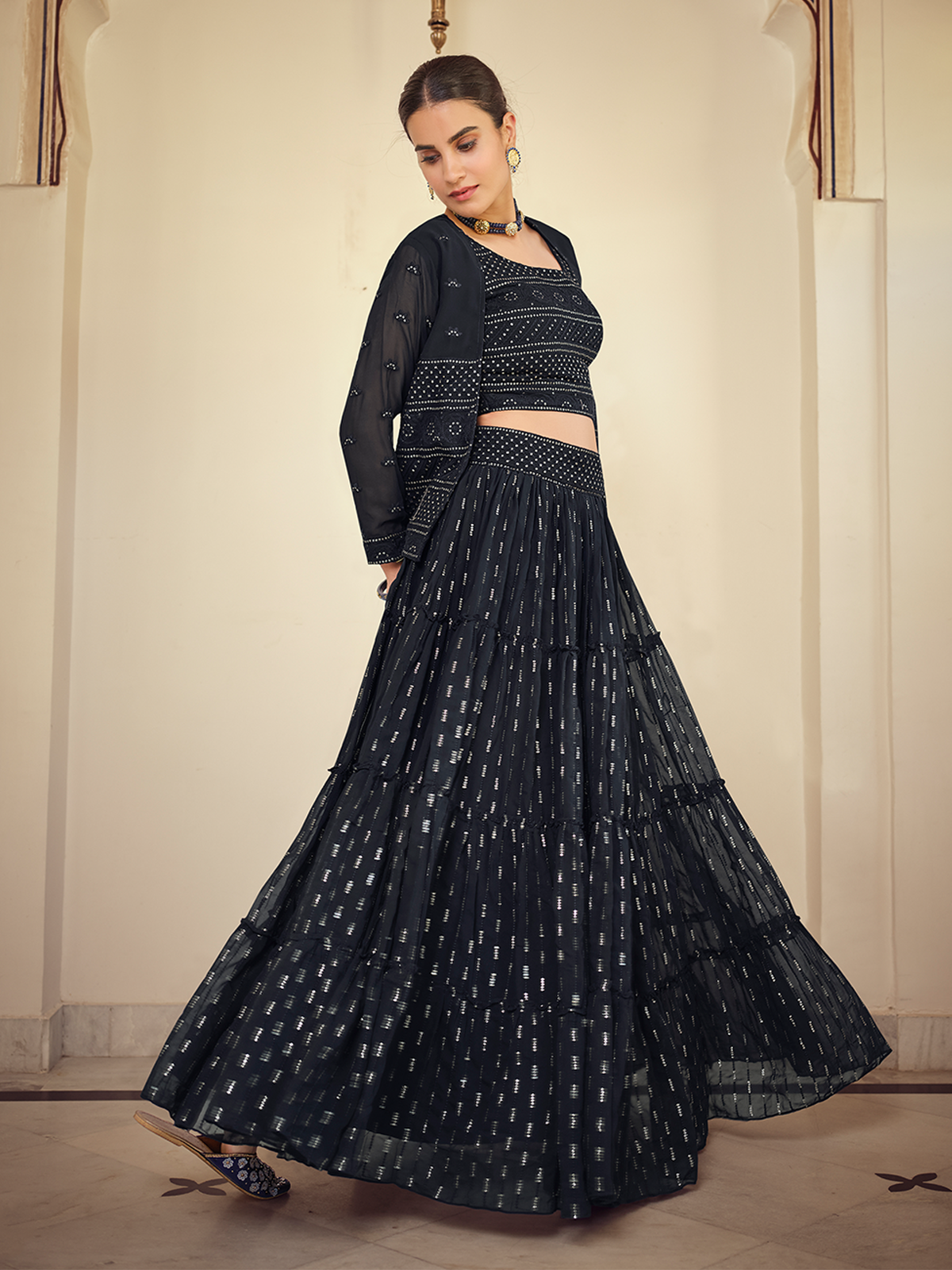 Odette Women Dark Blue Embroidered Georgette Semi Stitched Lehenga With Unstitched Blouse