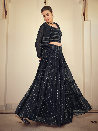 Odette Women Dark Blue Embroidered Georgette Semi Stitched Lehenga With Unstitched Blouse