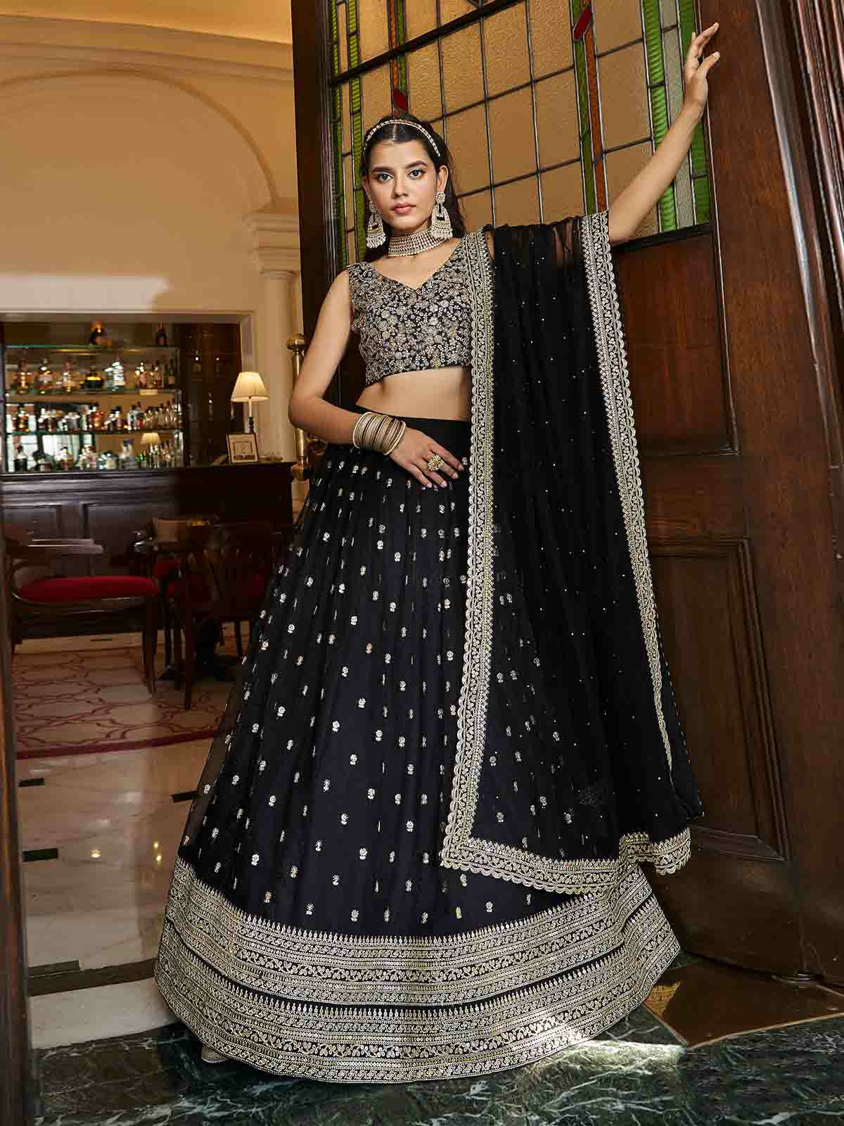 Odette Black Embroidered Soft Net Semi Stitched Lehenga With Blouse For Women