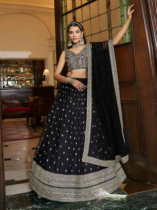Odette Black Embroidered Soft Net Semi Stitched Lehenga With Blouse For Women