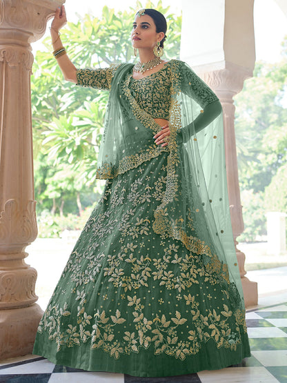 Odette Green Embroidered Soft Net Semi Stitched Lehenga With Blouse For Women